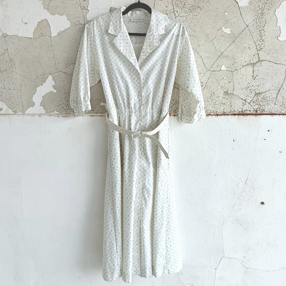 Vtg 70s Shirt Dress Ditsy Floral Midi Belted USA Made Women 10 Retro Cottagecore